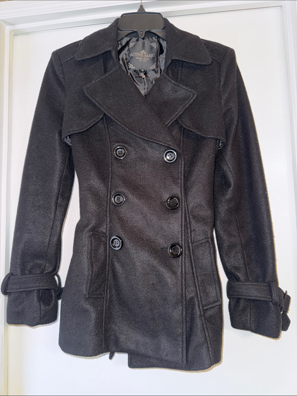 Active Basic Black Double-Breasted Pea Coat Size M